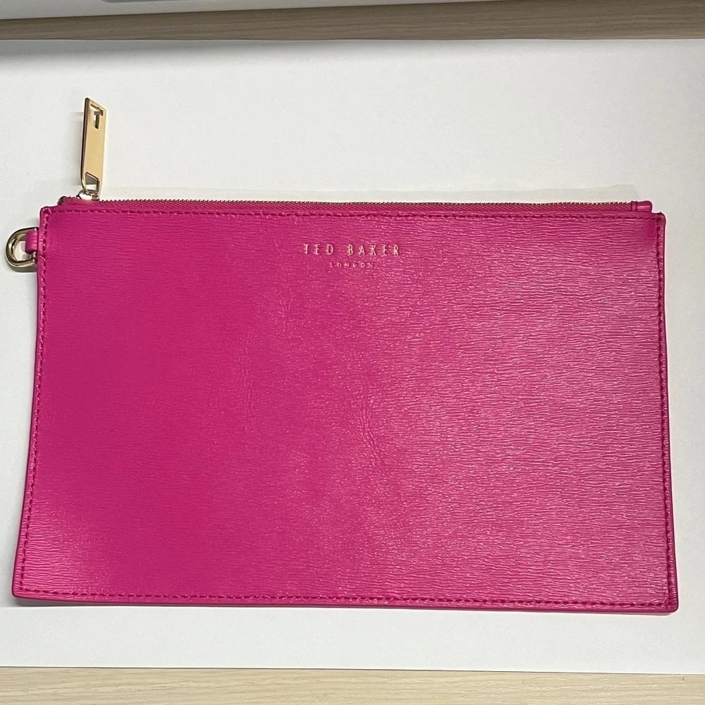 Ted Baker Pink Aspinal Top Zipper Large Clutch Bag Gold Hardware 10.25” x 6.5”